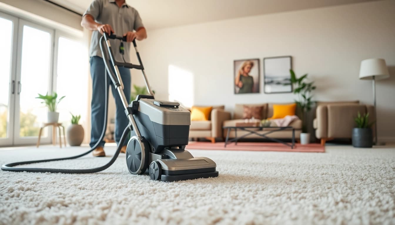 Professional carpet cleaning with a technician revitalizing plush carpets in a bright living room.