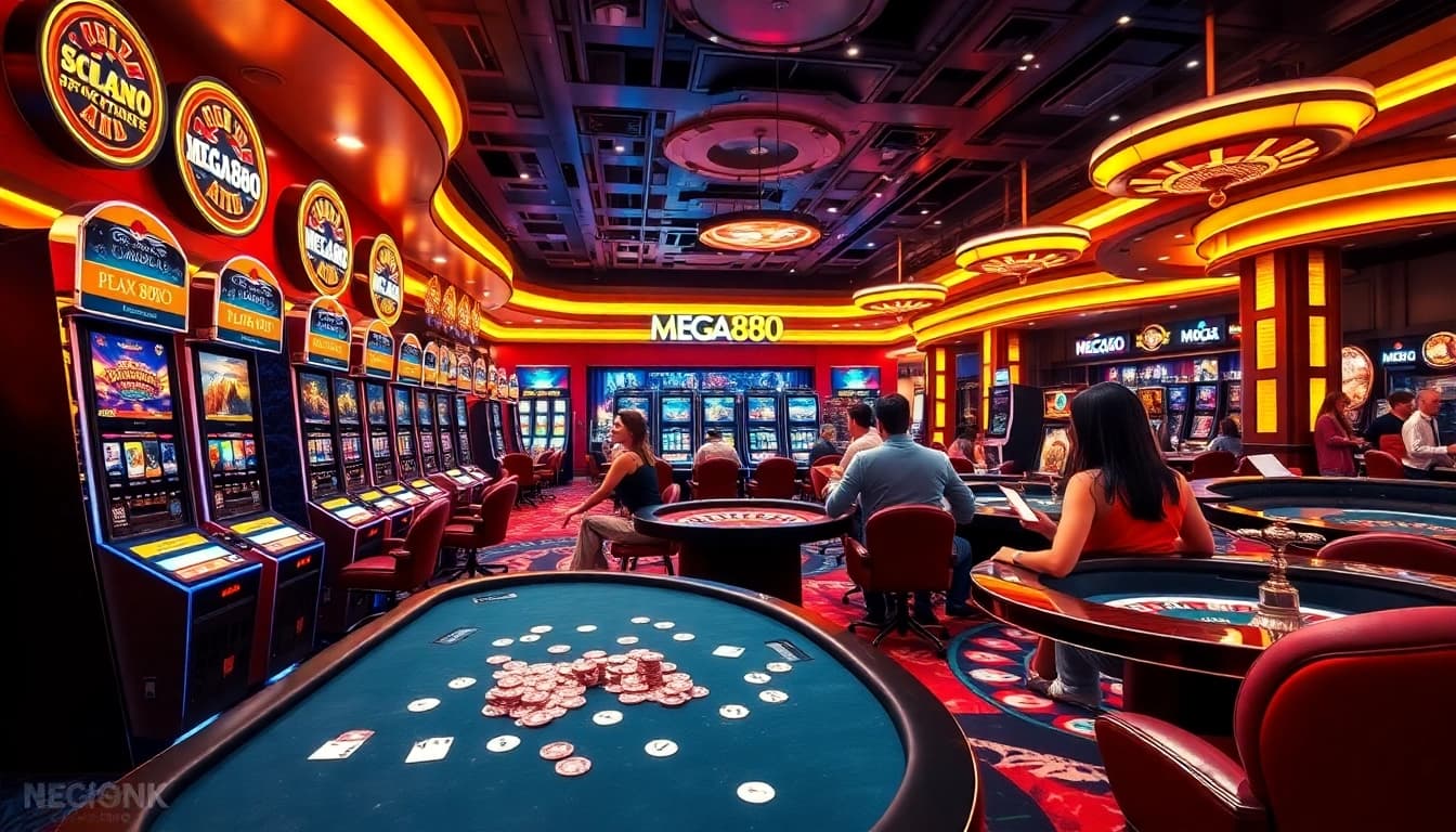 Players enjoying game rounds with MEGA888 APK at a luxurious casino venue.