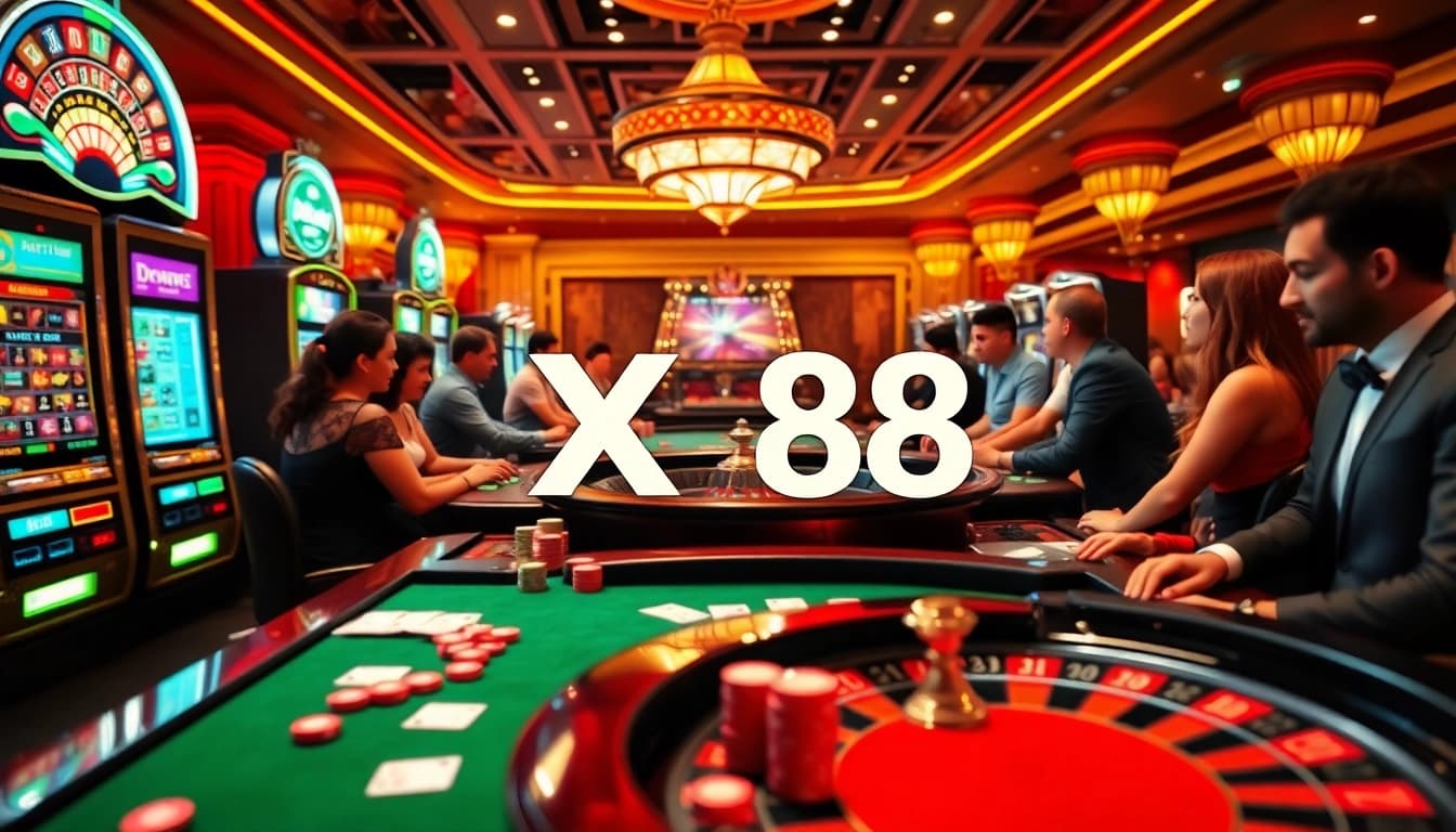 Experience the thrill of online betting at XX88, featuring vibrant casino tables and slot machines.