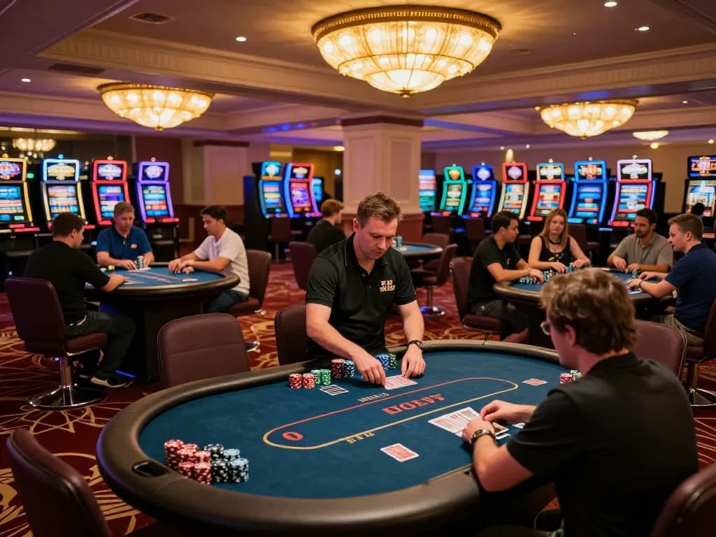 Players strategizing at ATQ poker tables in an upscale casino, vibrant surroundings enhance engagement.