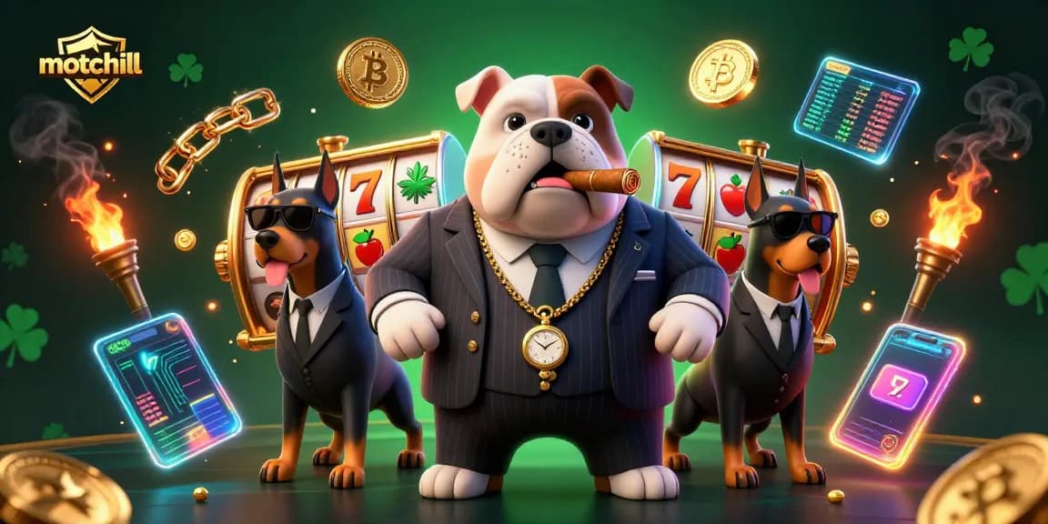 Win big with motchill's vibrant and dynamic 3D casino scene showcasing slot machines, crypto coins, and mafia characters.