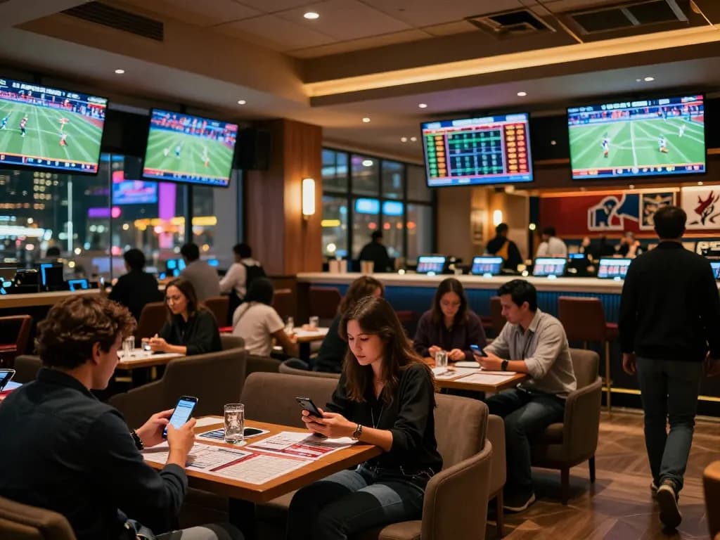 Tỷ lệ kèo nhà cái displayed on multiple screens in an elegant sports betting lounge.