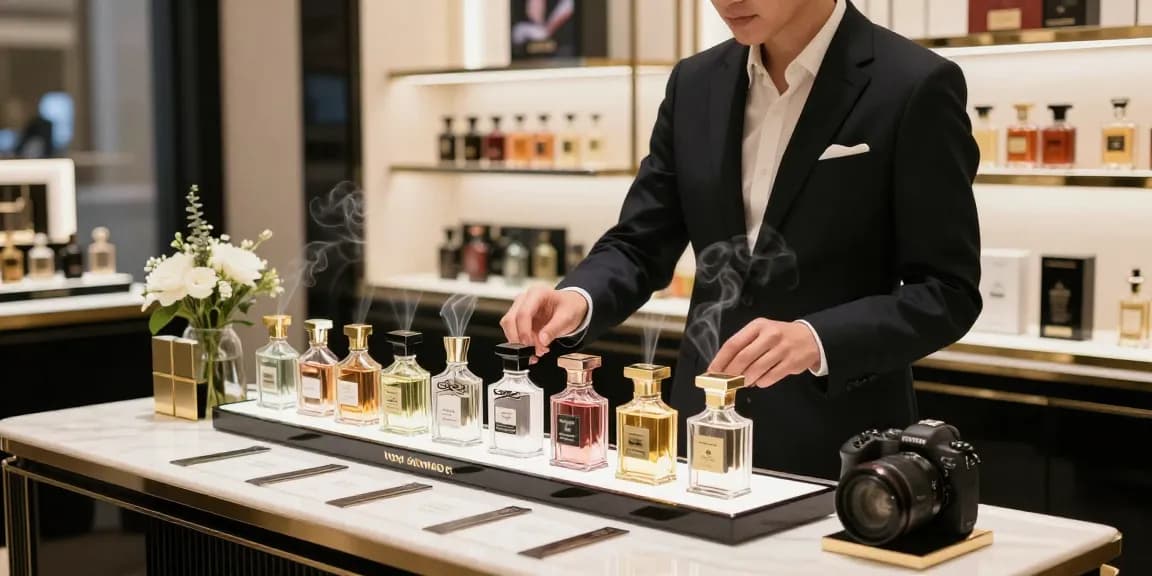 Fragrance Trends showcased with luxury perfume samples and elegant displays in a sophisticated retail environment.