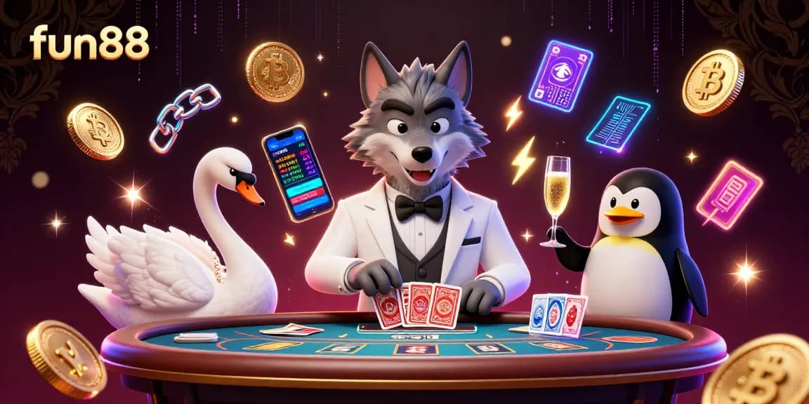 Engage in the world of fun88 with a vibrant 3D casino scene featuring characters in a baccarat setting.