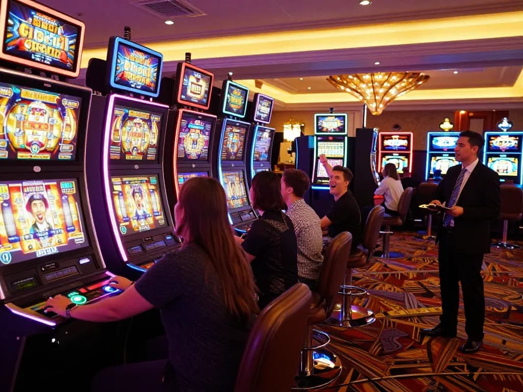 Engaged players enjoying diverse slot Malaysia games on a busy casino floor surrounded by colorful machines and vibrant atmosphere