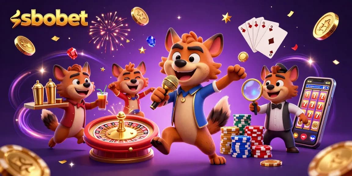 Experience sbobet gaming with lively hyenas in a colorful, dynamic casino setting.