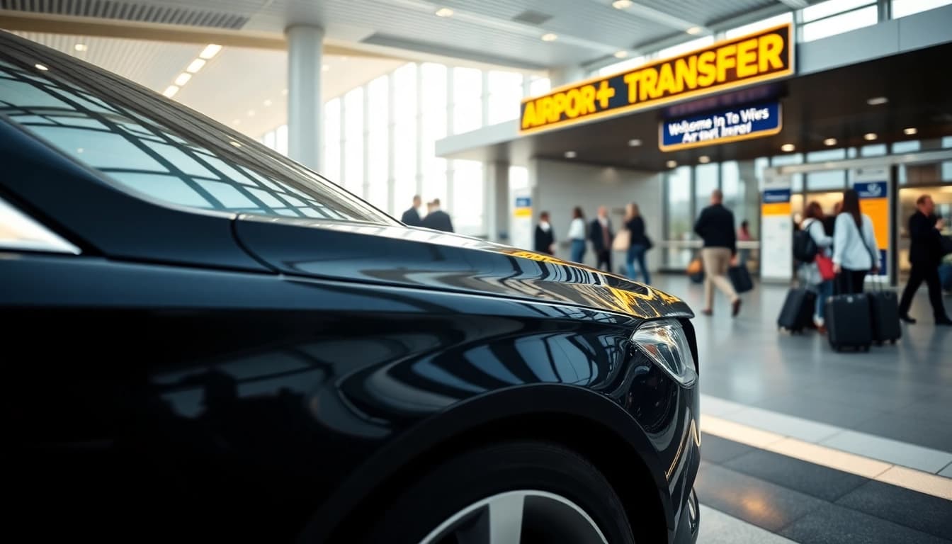 Airport Transfers luxury vehicle ready for passengers outside a busy terminal.