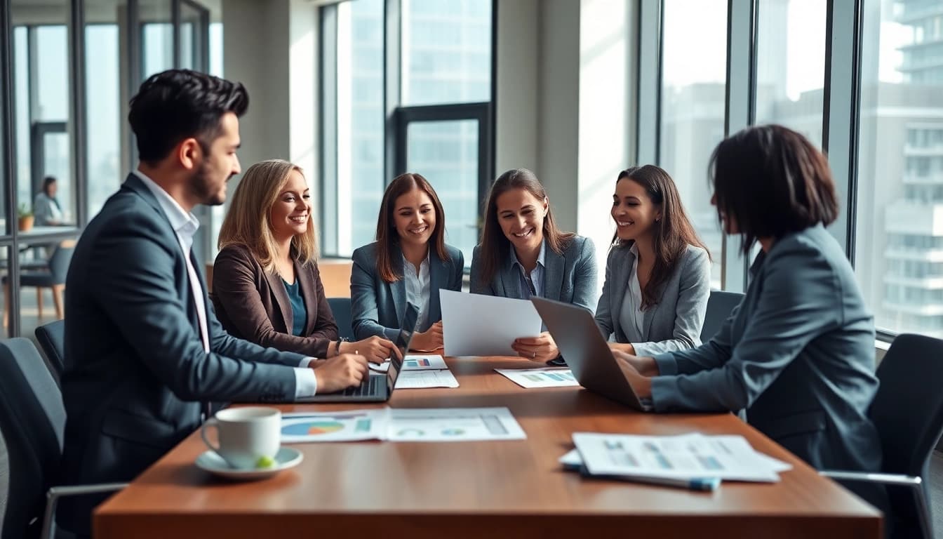Company formation in the US process with diverse professionals collaborating in a modern office setting.