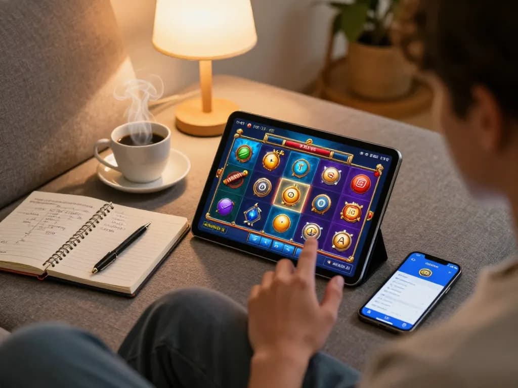 FLY88 online gaming session showcases a player on tablet focusing on vibrant slot graphics in a cozy home setting.