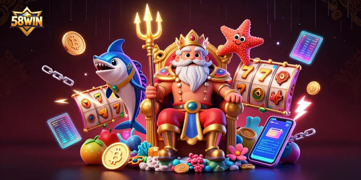 Engage in exhilarating gaming at 58WIN with vibrant 3D casino elements surrounding Neptune.