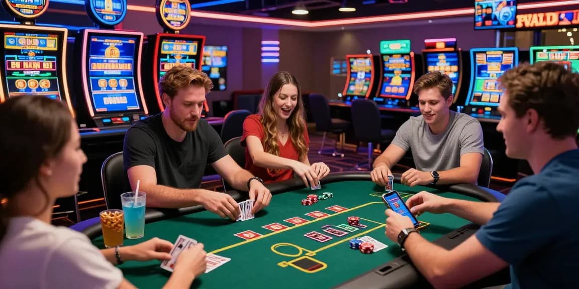 Players enjoying interactive games at a credit card casino with vibrant atmosphere and modern gaming screens.
