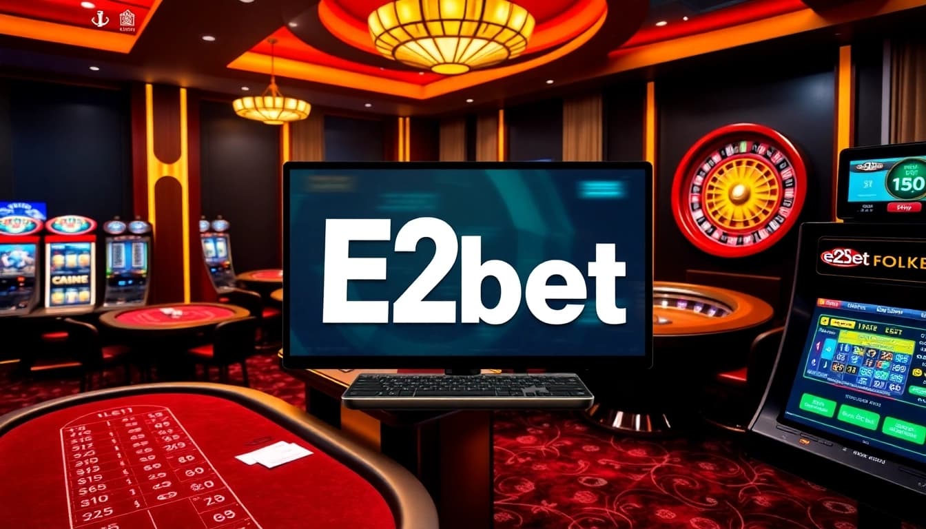 E2bet me offers exciting online gambling experiences with vibrant casino visuals of slots and poker tables.