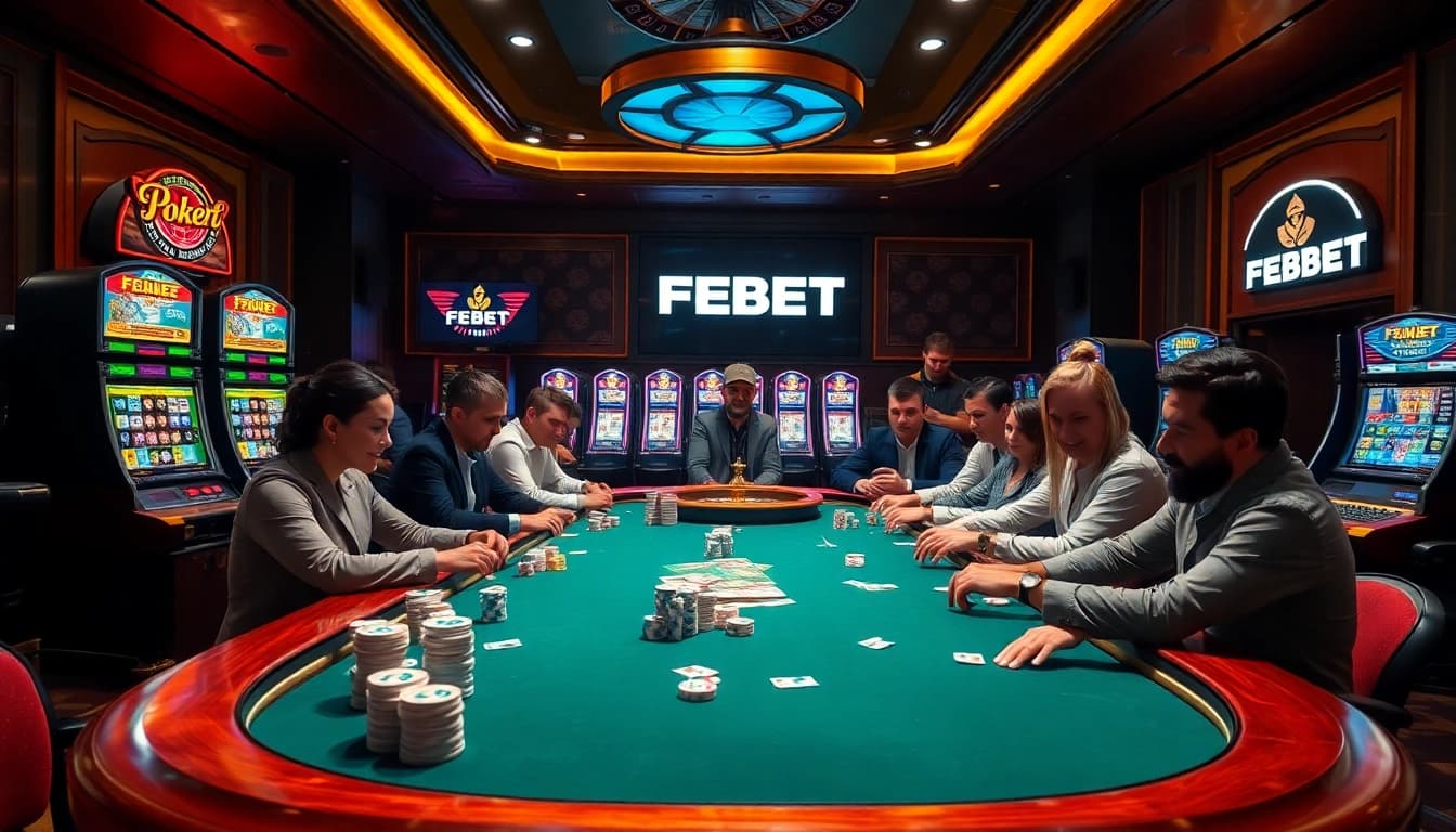 FEBET casino scene featuring excited gamblers at a poker table with vibrant slot machines.