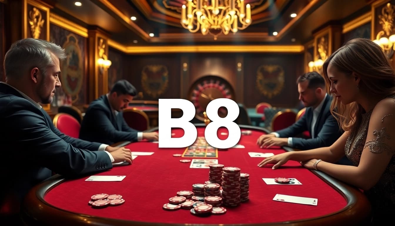Engage with an intense B8 casino poker game scene featuring players and vibrant chips.