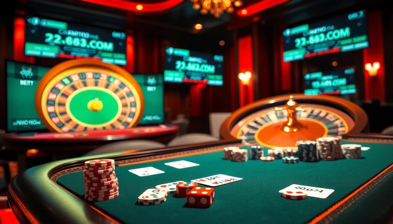 Experience thrilling gameplay at rr88.com with a vibrant casino setup showcasing poker and roulette.