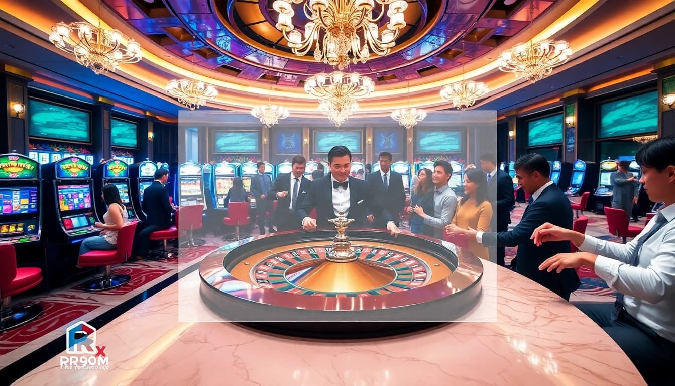 Experience casino excitement at https://rr99x.com/ with players engaged in betting at a luxurious roulette table.