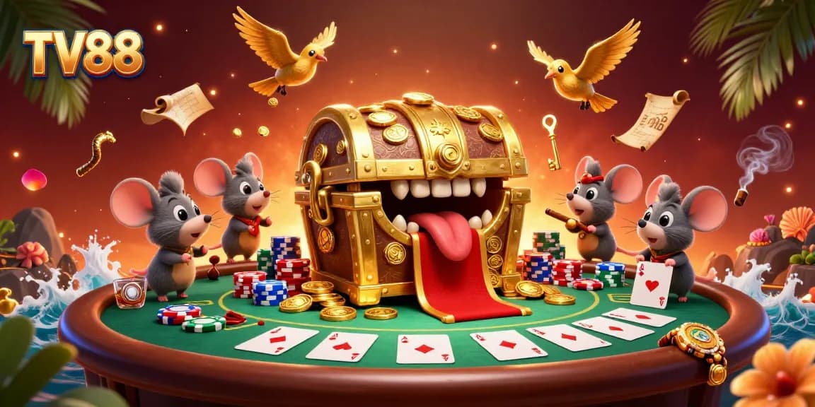 Engage with exciting poker games at TV88, featuring colorful chips and dynamic casino elements.