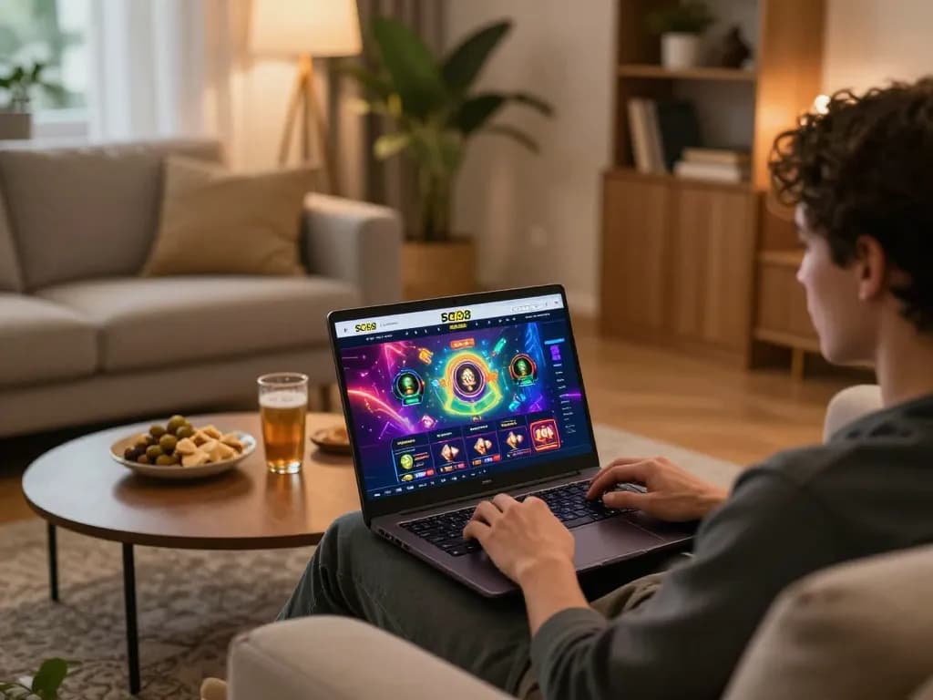 Engaged user playing on SC88 online casino platform at home, showcasing a cozy gaming setup.
