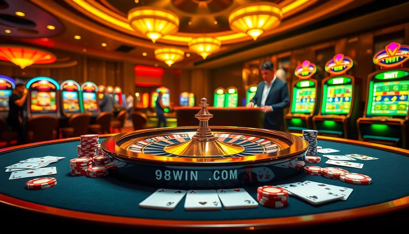 Experience the excitement at 98win com with a vibrant casino scene featuring roulette, cards, and poker chips.