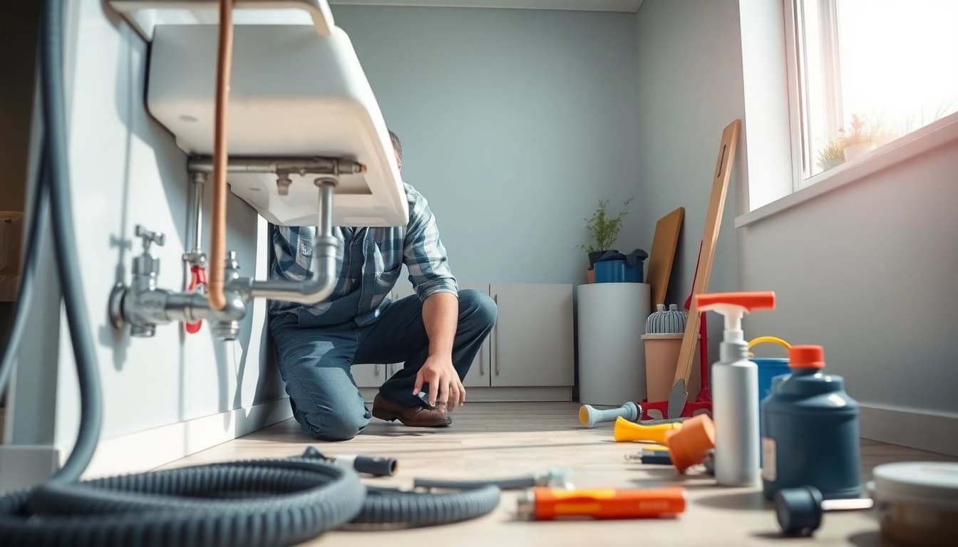 Plumber near me fixing a sink leak with professional tools in a bright home.
