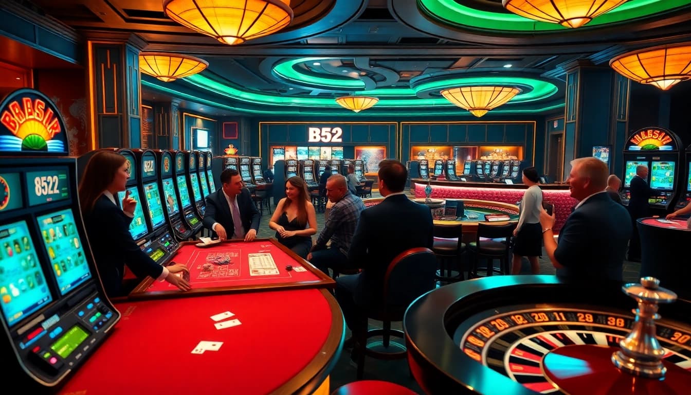 B52 Club poker table with vibrant chips and excited players enjoying a thrilling game.