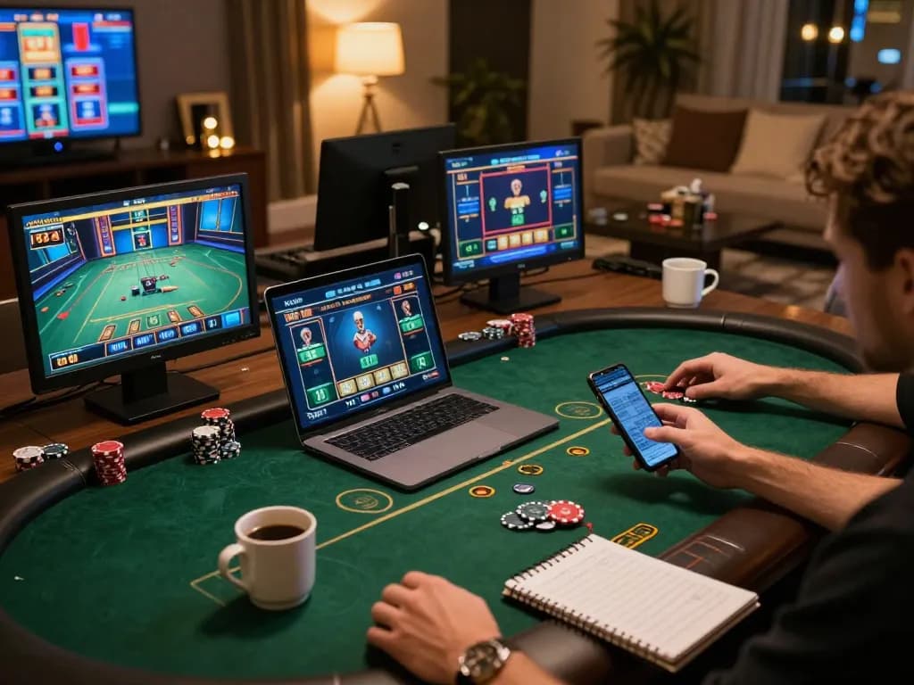 Player engaging with sc88 casino games on multiple screens at a cozy online gaming setup