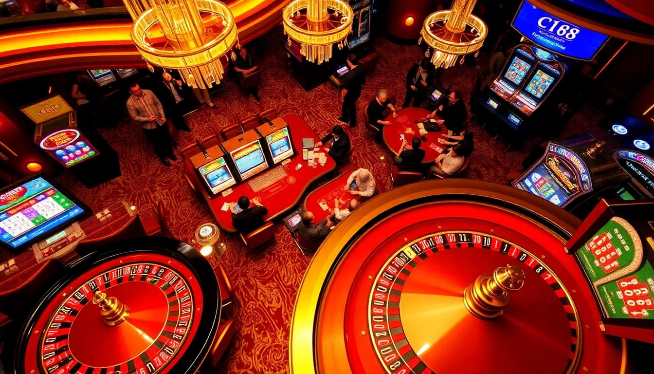 C168 players enjoying a luxurious casino environment with roulette wheels and poker tables.
