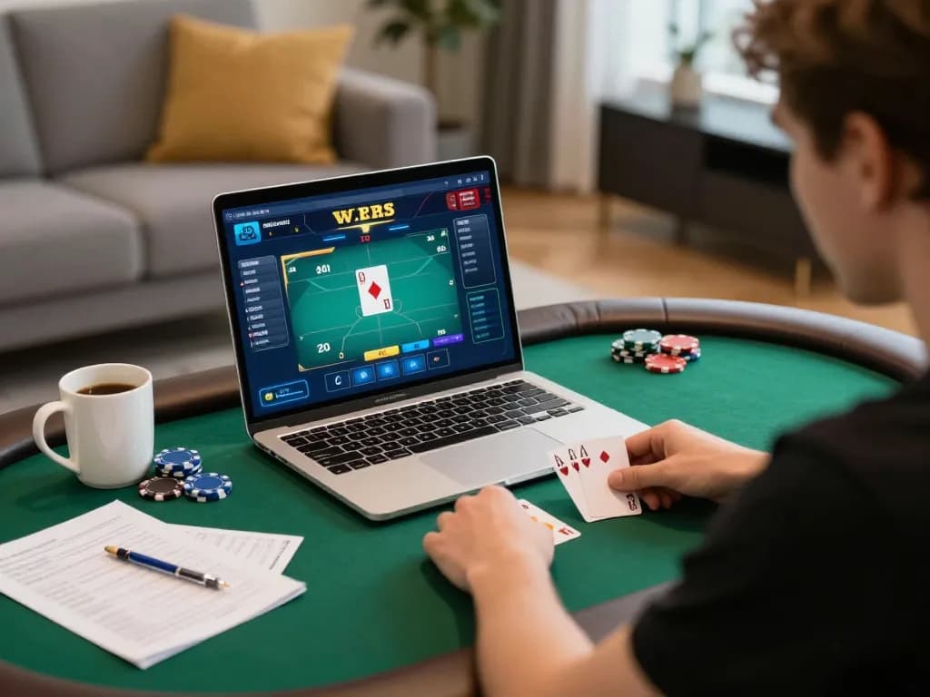 Player enjoying poker on ev99 com laptop surrounded by strategy notes and chips.