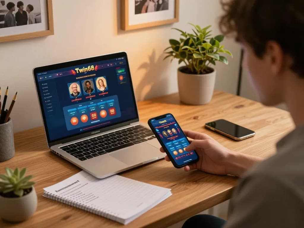 Twin68 user excitedly engaging with mobile gaming for strategic online bets
