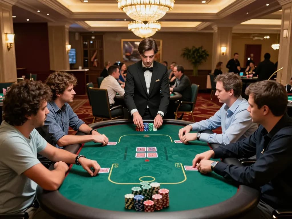 Players engage in an intense 3Bet poker game at an upscale casino table, showcasing strategic gameplay.