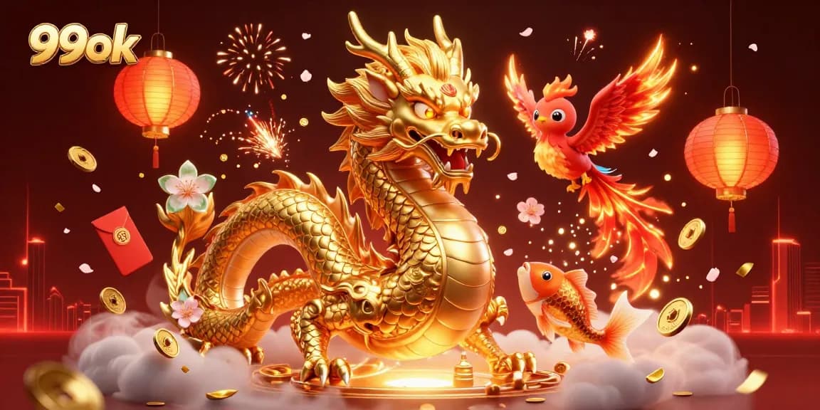 Experience thrilling action at 99ok Casino with a dynamic scene featuring a dragon and phoenix.