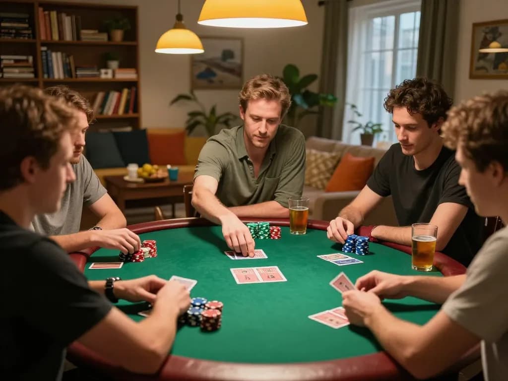 7m poker players strategizing around an upscale home table during an exciting game night