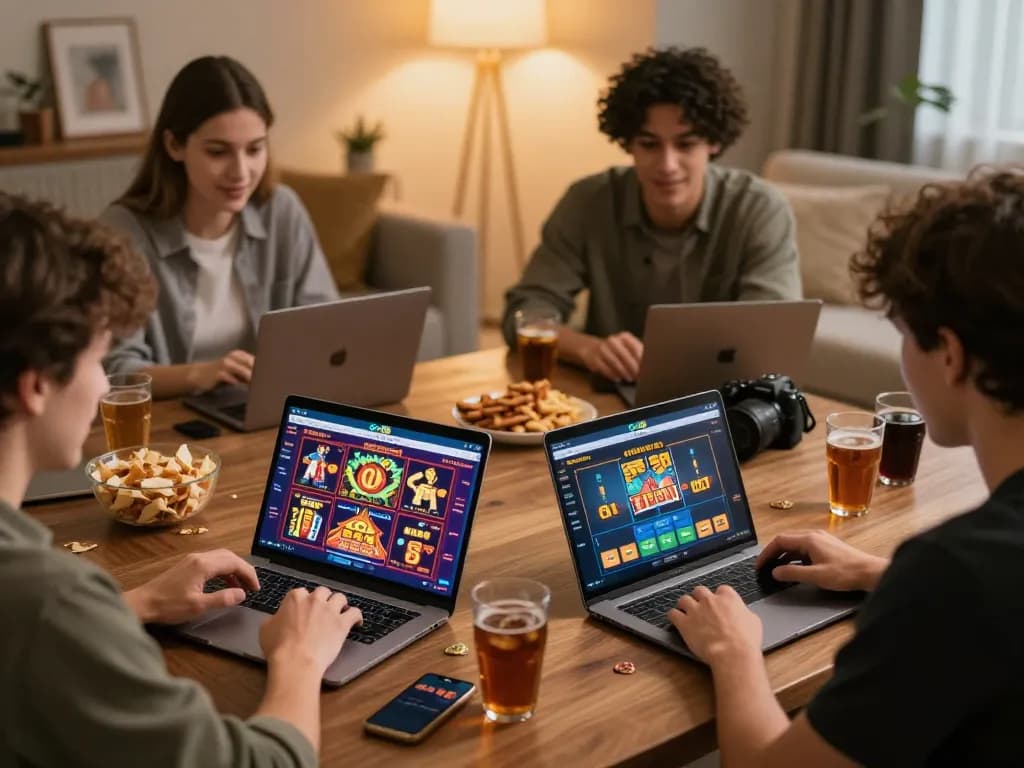 Players enjoying their gaming experience with Go88 online casino on laptops and smartphones, showcasing excitement and interaction.