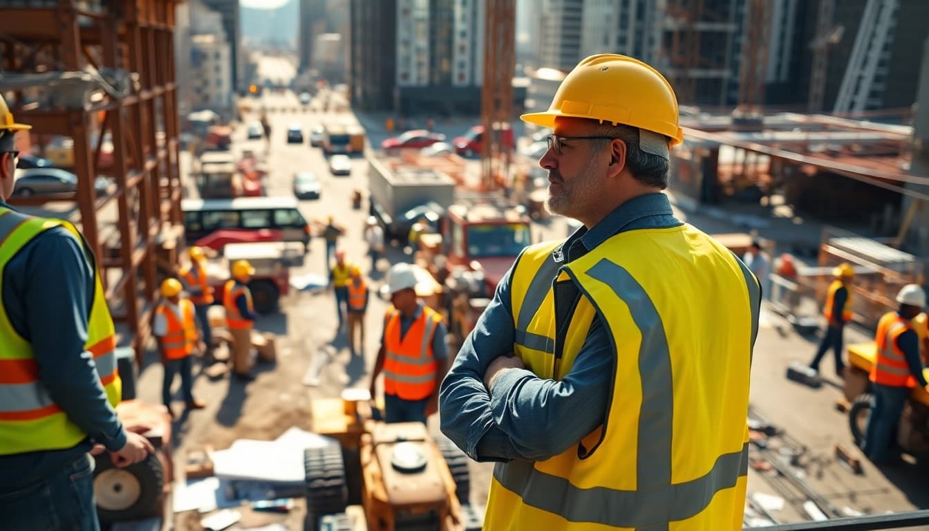New York General Contractor supervising a dynamic construction site with workers and machinery.