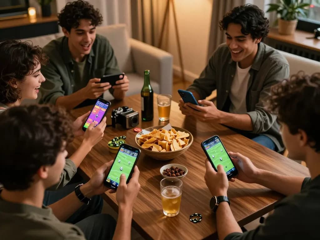 Engaged friends using smartphones for online betting, showcasing the g28 bookmaker in a lively sports atmosphere.