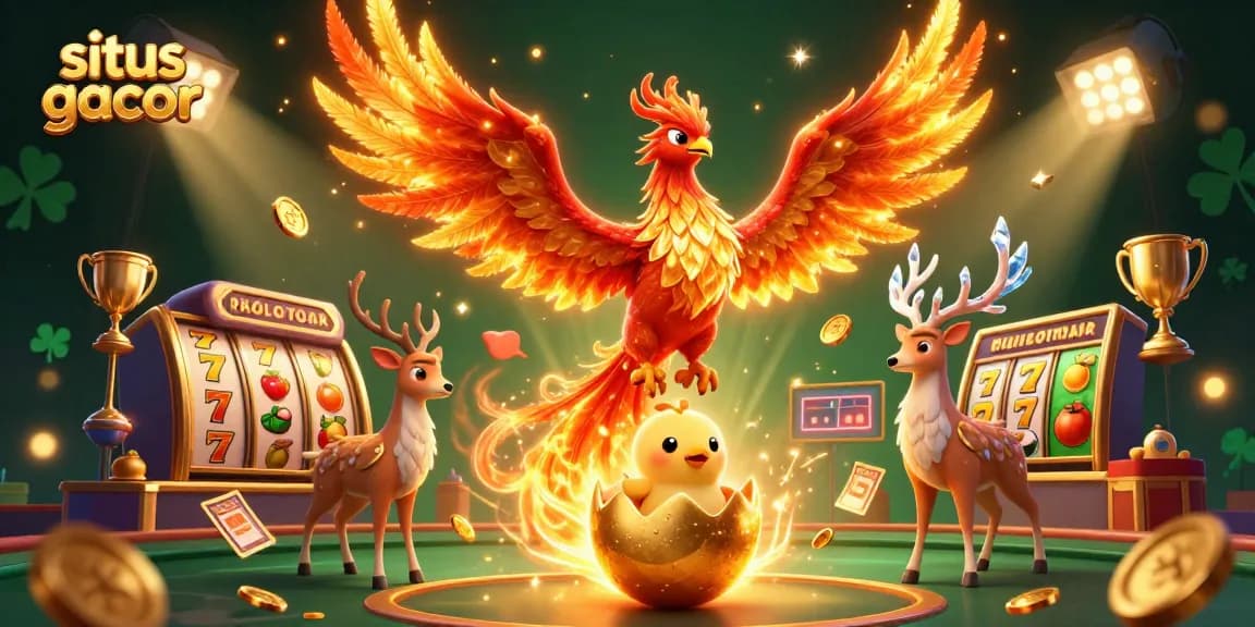 Experience situs gacor with a vibrant scene featuring a phoenix and casino elements flying amid golden coins and energy.