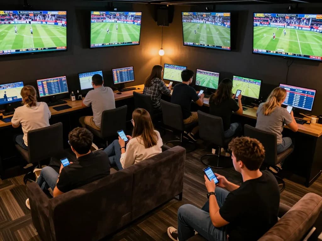 Engaging in live sports betting at fly88, showcasing active bettors with smartphones in a vibrant lounge.