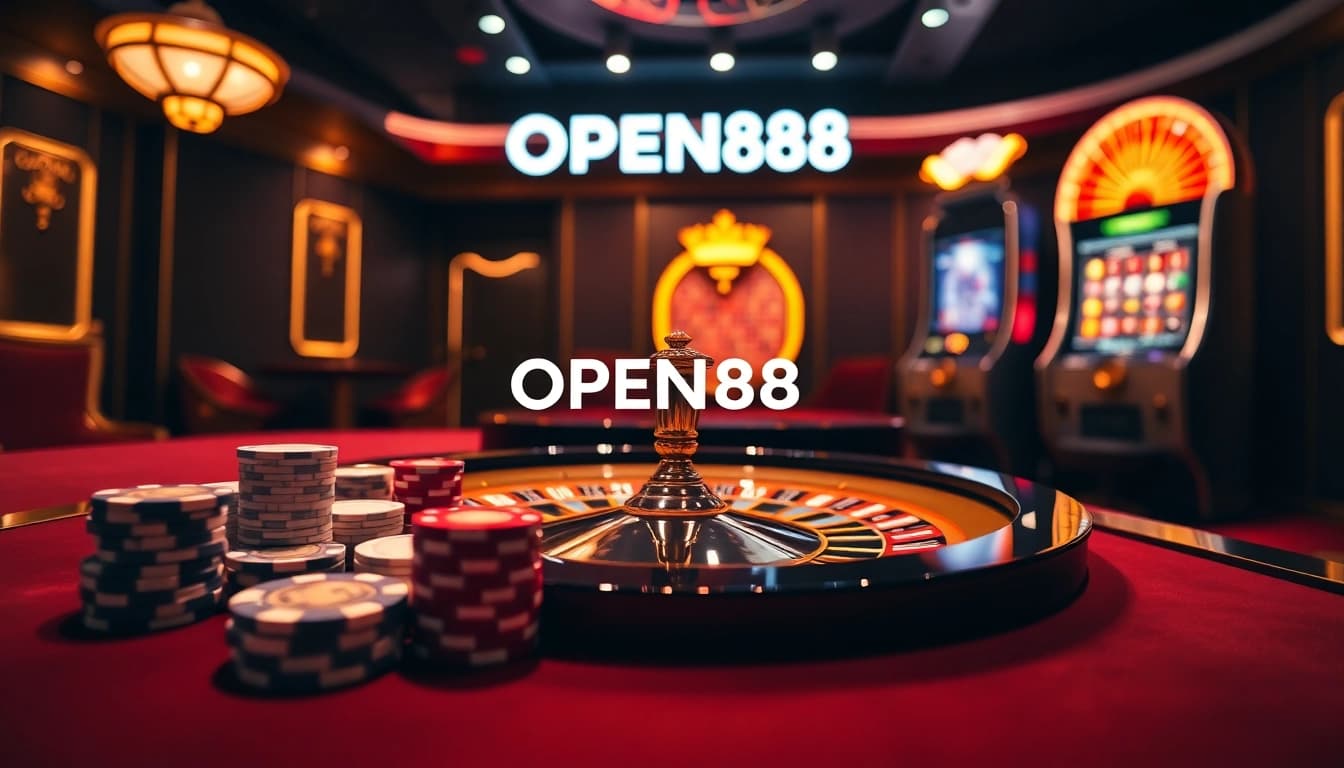 Experience the luxurious gaming action at OPEN88 with casino tables and vibrant slot machines.