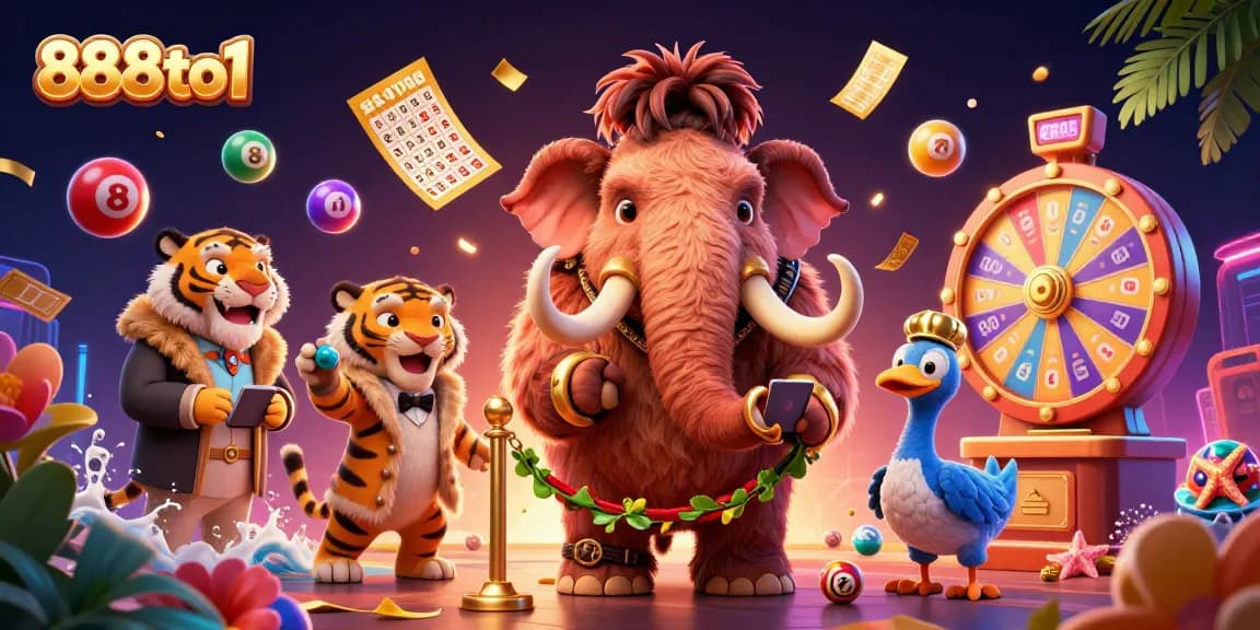Experience 888to1 with exciting lottery elements and vibrant casino characters in a lively scene.