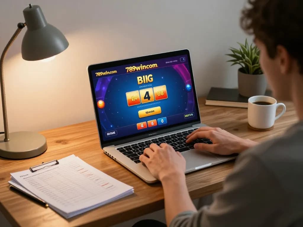 Engaged player enjoying 789wincom poker game on laptop in cozy home office