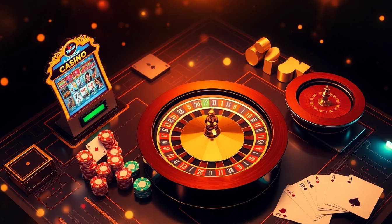 An interactive game scene showcasing players engaging with nk88 com's online gambling features, including slot machines and poker.