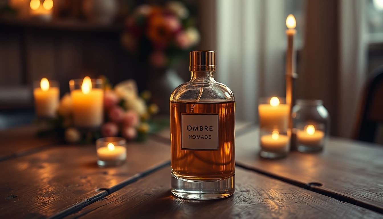 Showcasing the Ombre nomade fragrance in an elegant setting with warm lighting.