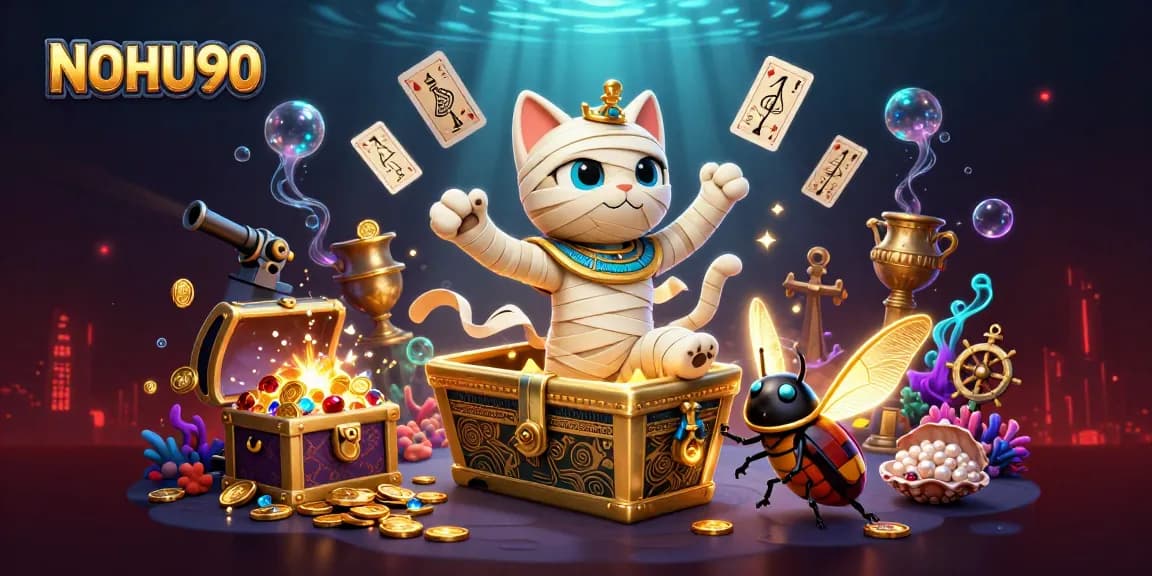 Experience huge wins with NOHU90's vibrant casino illustration featuring a mummy cat and scarab companions.