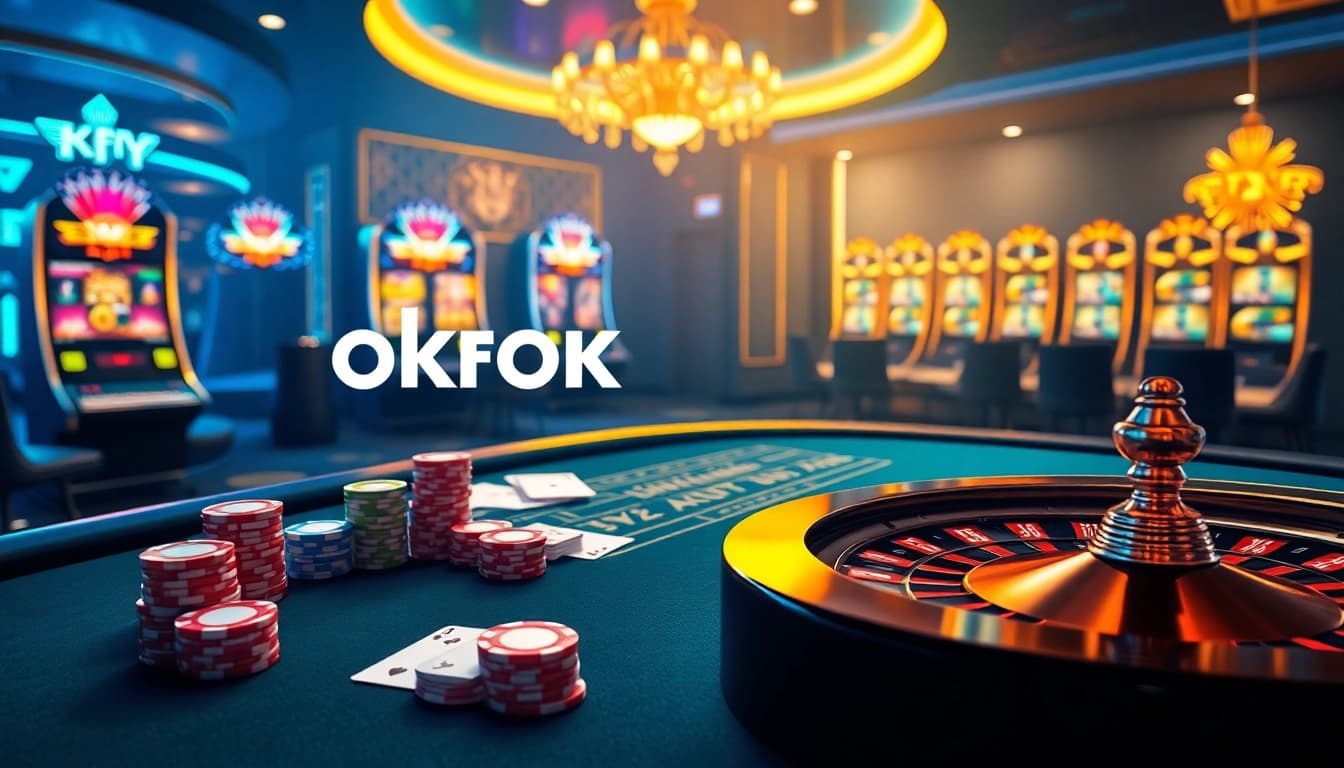 Exciting scene at okfun casino with vibrant cards, roulette wheel, and luxurious atmosphere.