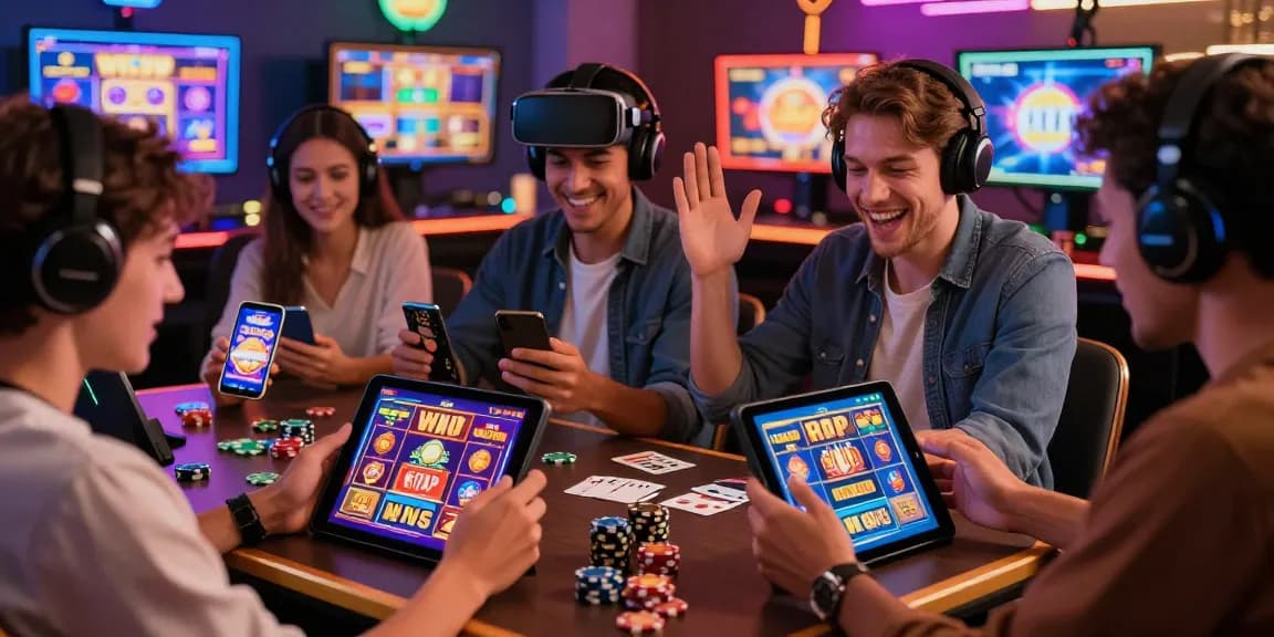 Players enjoying new online slot sites on smartphones, celebrating with vibrant casino elements.