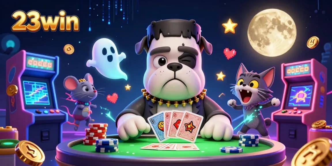 Play cards with 23win's lively characters at a neon-lit casino scene, full of gaming excitement.