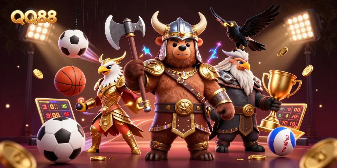 Experience thrilling action with QQ88 as cartoon Viking berserker battles in a vibrant digital arena.