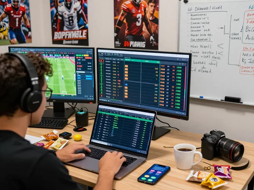 Expert analyzing kèo nhà cái odds in vibrant sports betting environment.