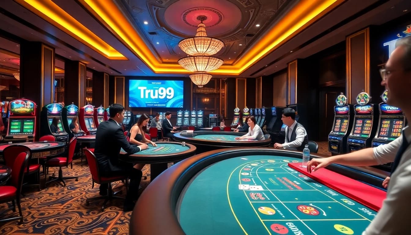สัมผัสบรรยากาศที่คึกคักของคาสิโน Tru99 พร้อมผู้เล่นที่เพลิดเพลินกับบาคาร่าและเครื่องสล็อต