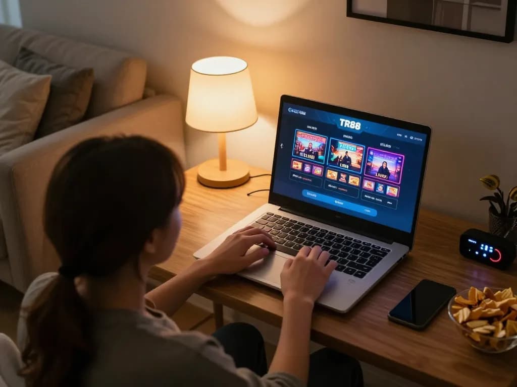 Engage with TR88 LINK through dynamic online slots gameplay in a cozy home environment.